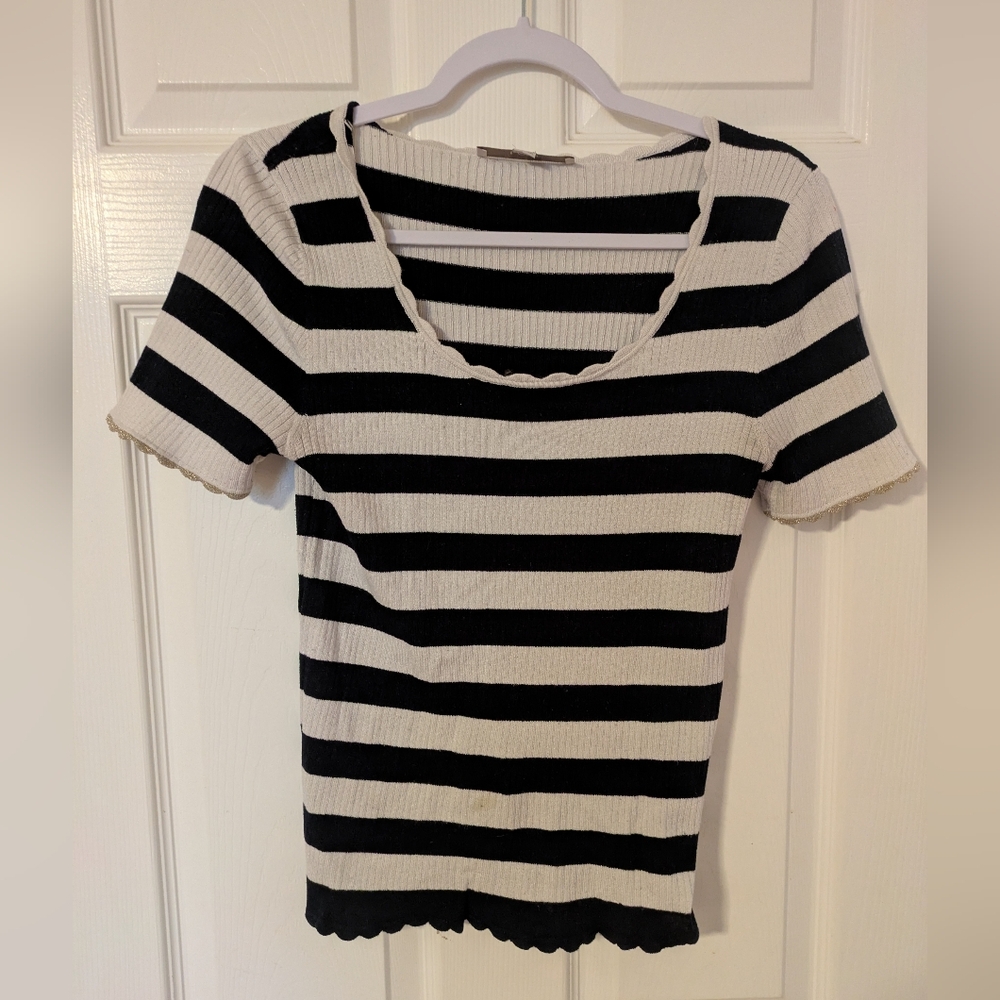 LOFT Navy White Stripe Ribbed Scalloped Lettuce Hem Half Sleeve Sweater Top